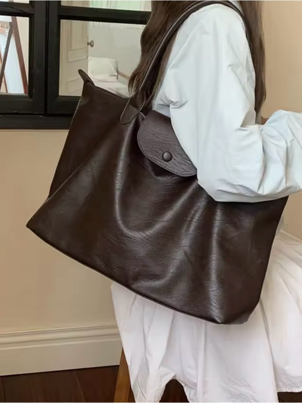 Women's Large Dark Brown eco Leather Tote Bag - Unbranded